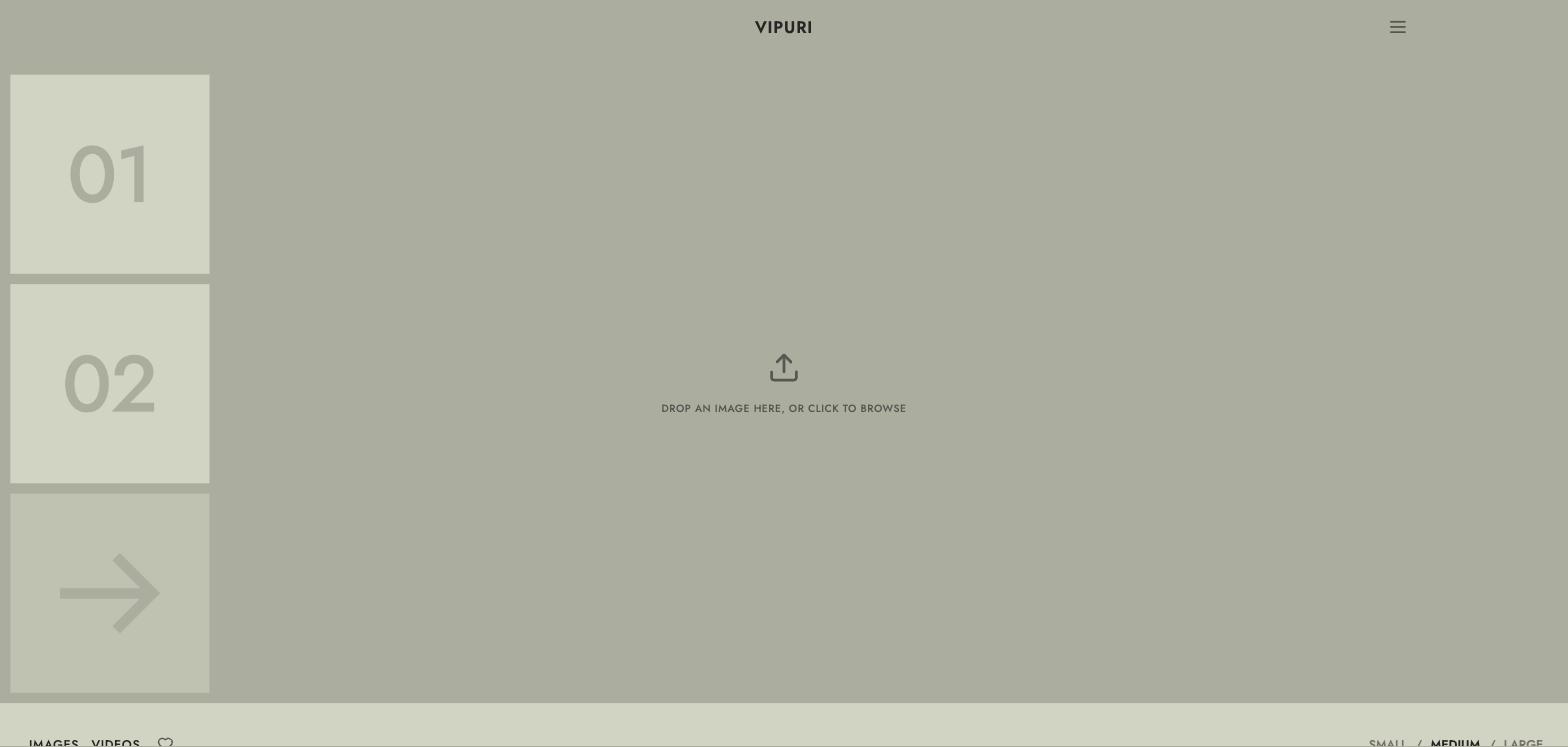The empty workspace before any image is uploaded, showing buttons 01, 02, and the Generate arrow.