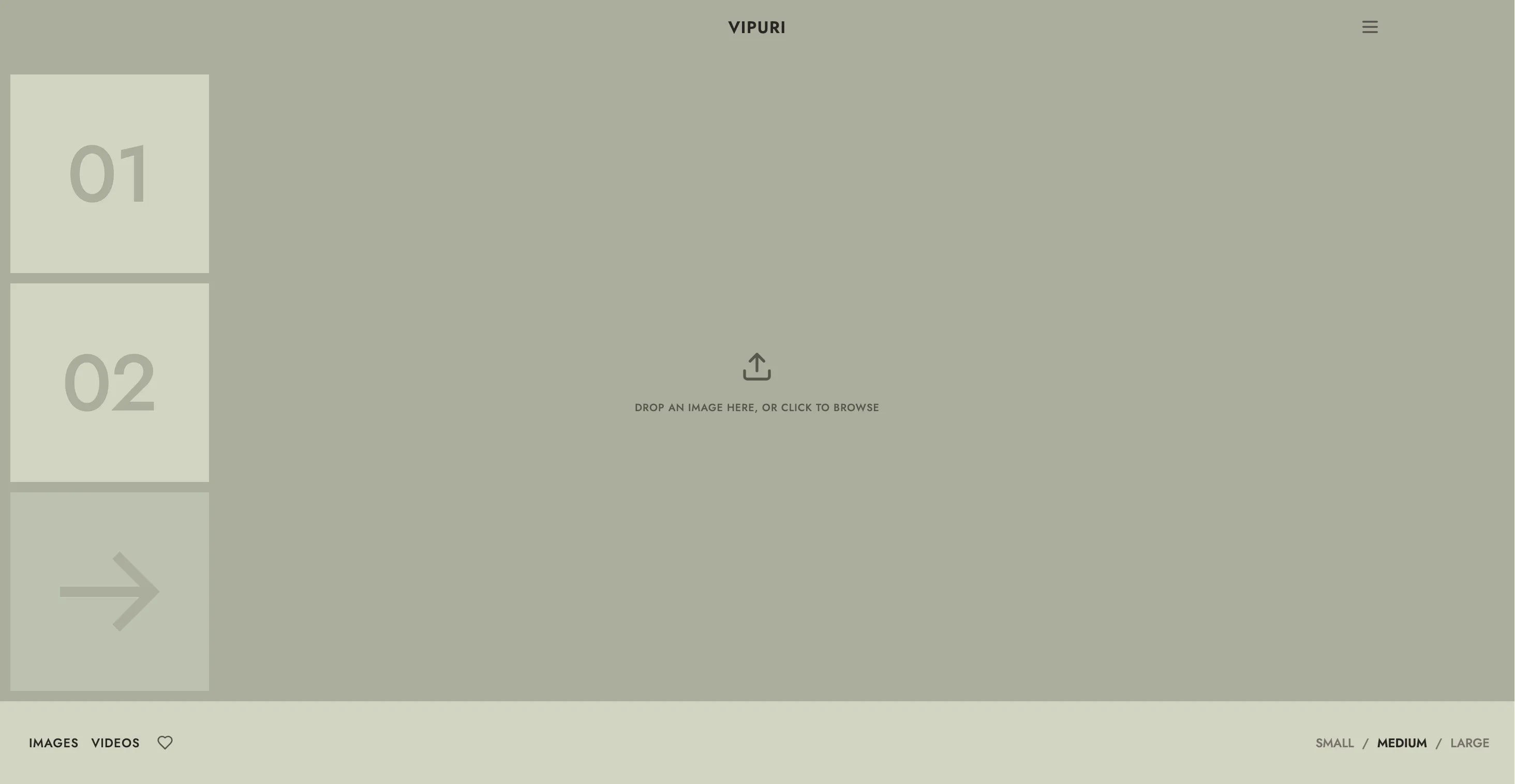 The empty workspace before any image is uploaded, showing buttons 01, 02, and the Generate arrow.