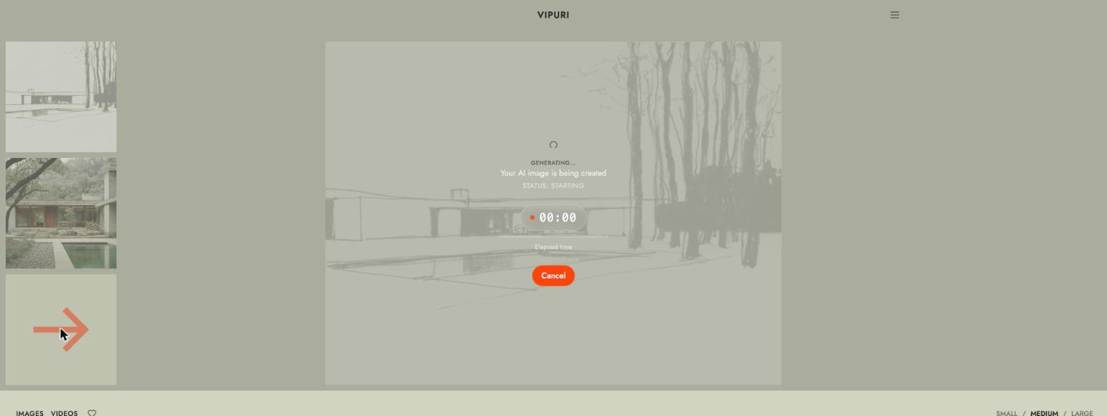 The "generating" overlay with the elapsed timer and Cancel button.