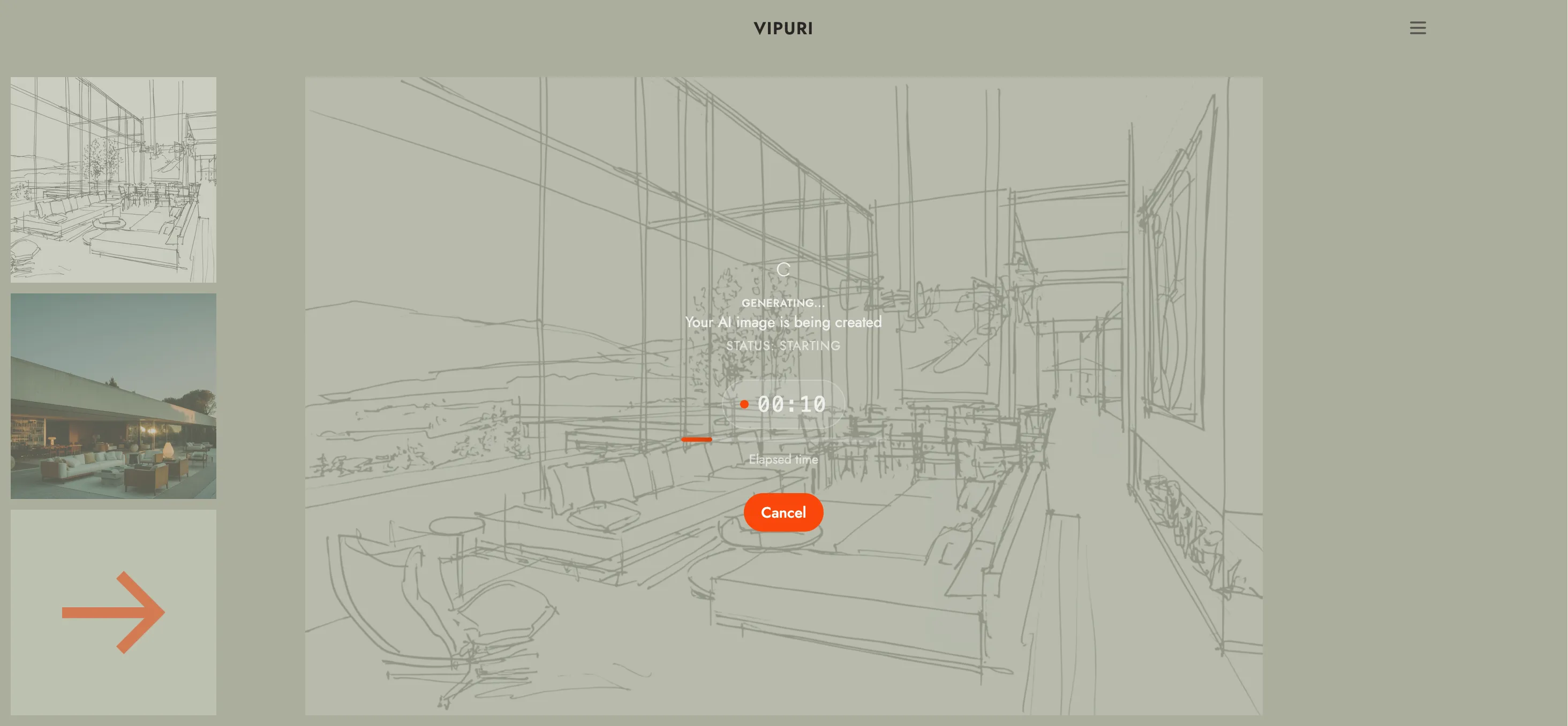 The "generating" overlay with the elapsed timer.