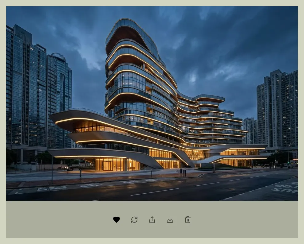 An image card in the gallery with its five action icons labeled — Like, Load into work area, Share, Download, Delete.