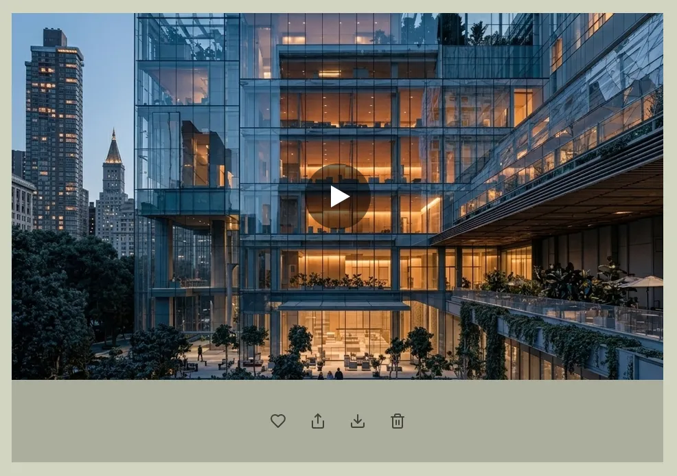 A video card in the gallery with its four action icons — Like, Share, Download, Delete — plus the play-button overlay on the thumbnail.