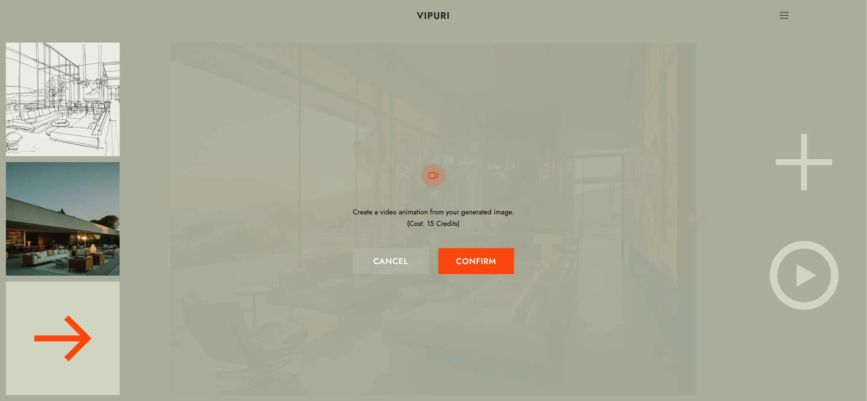The video generation confirmation dialog, showing the 15-credit cost.