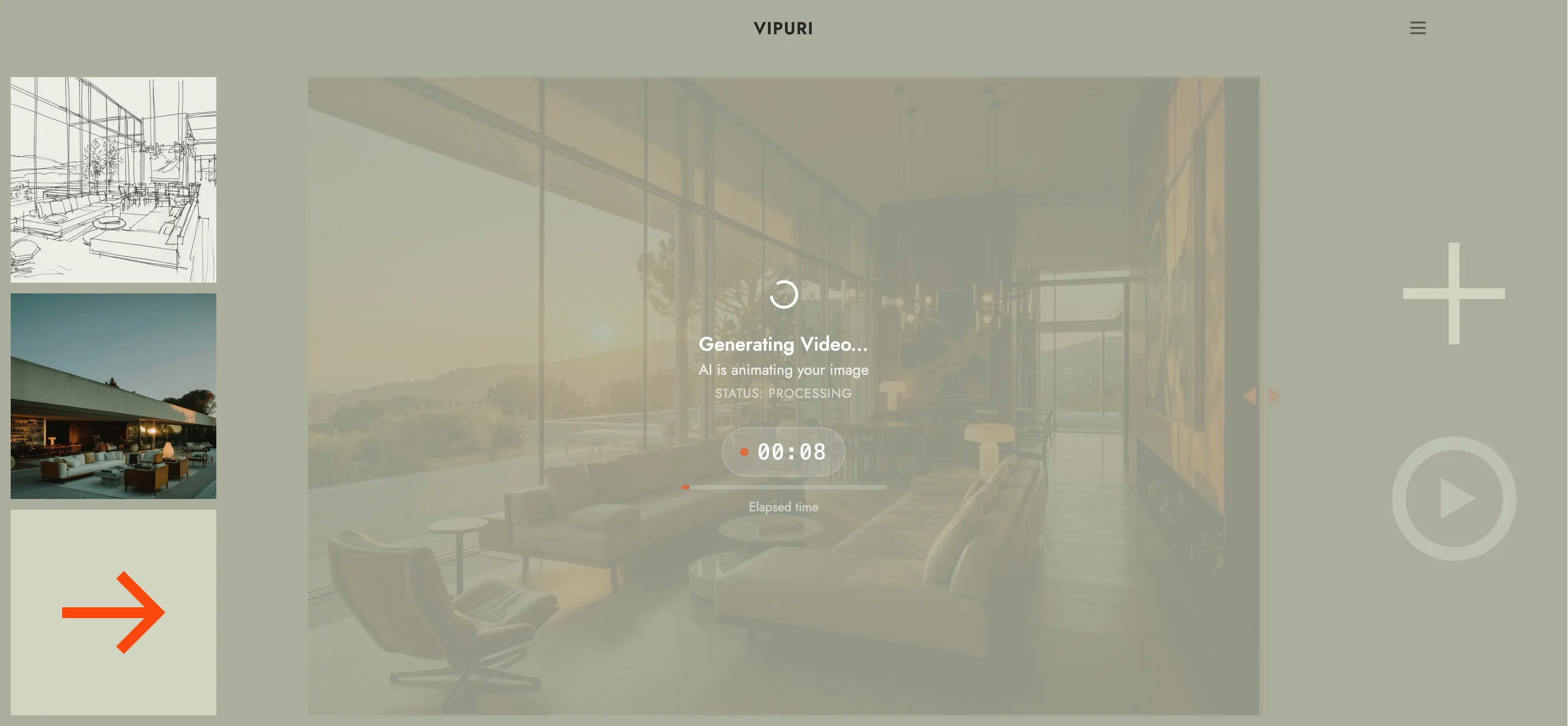 The "generating video" overlay with elapsed timer.